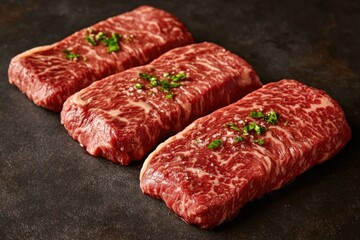 Fototapeta premium Close-up of three cooked steaks on a dark background, ideal for food-related concepts
