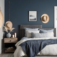 Serene Bedroom Interior with Blue Walls and Textured Linen Bedding