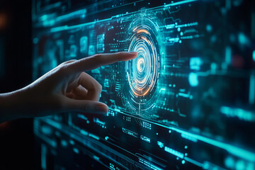 Futuristic touch interface with digital holographic elements in a high-tech environment