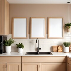 Fototapeta premium Modern Kitchen Interior with Blank Frames and Plants