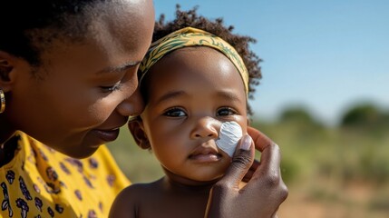 African female adult with child applying sunscreen outdoors. Summer Tire Changeover Month. Week of the Young Child