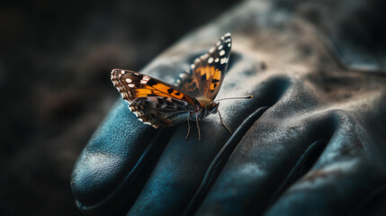Close-up of a butterfly perched on a dusty gardening glove. Symbol of transformation and resilience in an earthy outdoor setting