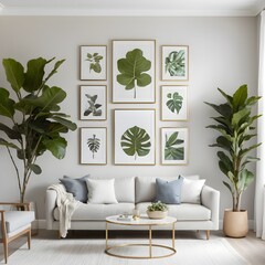 Modern Living Room Interior with Fiddle Leaf Figs and Botanical Wall Art