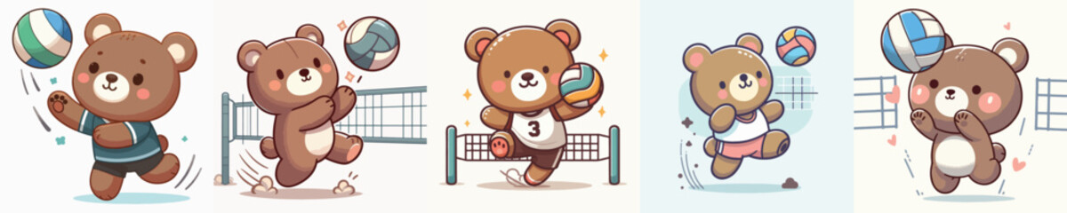 vector set of cute bears playing volleyball