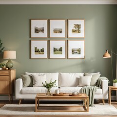 Cozy Living Room Interior with Green Walls and Landscape Artwork