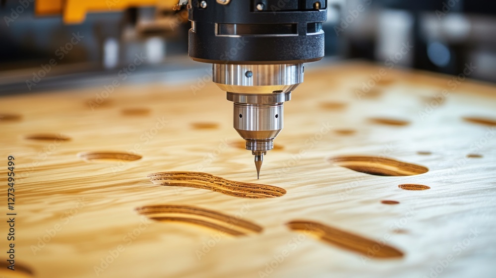 Poster cnc machine precisely cutting shapes into a sheet of wood