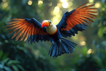 A Colorful Toucan in Flight Through Lush Green Foliage