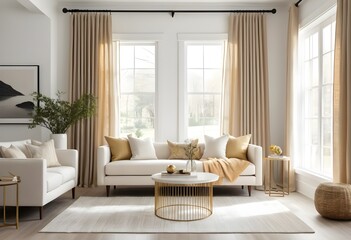 Modern Living Room Interior with Beige Curtains and Gold Accents