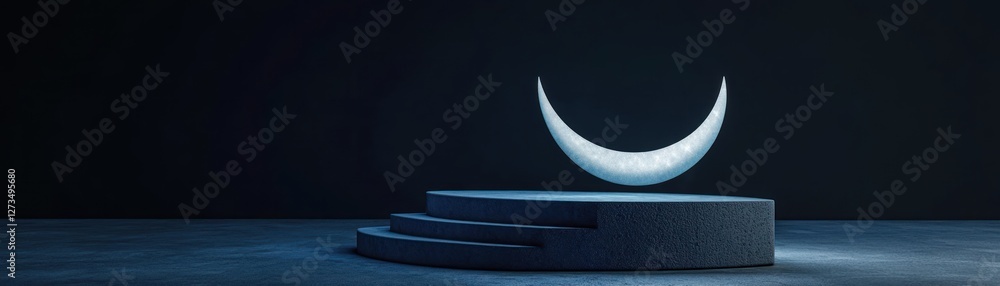 Poster crescent moon hovering above a stepped platform in dark setting