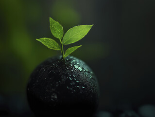 small green leaf growing on top of dark sphere, symbolizing nature and growth in serene environment