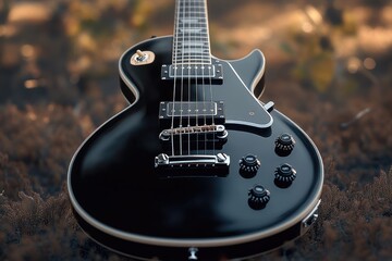 Fototapeta premium A black electric guitar rests on a grassy field, ready for use