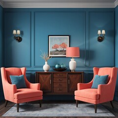 Elegant Living Room Interior with Coral Armchairs and Teal Walls