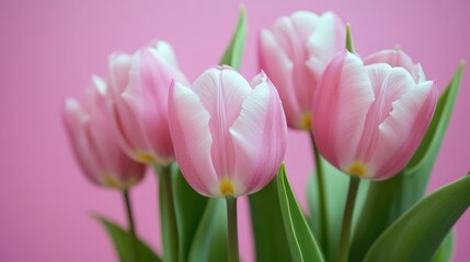 Fototapeta premium Fresh pink tulips arranged in a decorative vase, perfect for decorating tables or desks