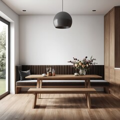 Modern Minimalist Dining Nook with Wooden Table and Bench