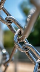 Close-up metal chain link with blurred outdoor background