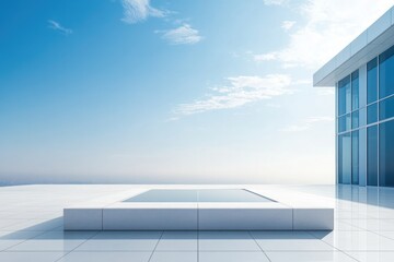 A minimalist desk with a few objects, positioned in front of a large window