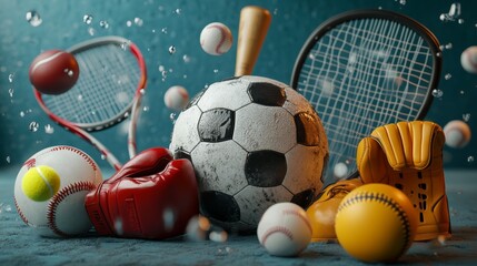 3D model with elements of various sports artfully. a soccer ball, basketball, tennis racket with ball, baseball bat, boxing