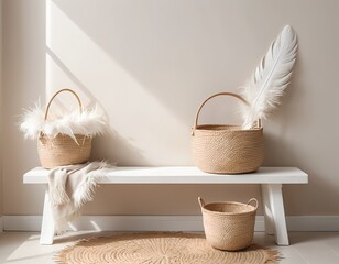 Beige Woven Baskets and White Feather on a Bench