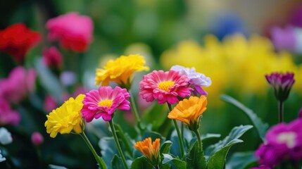 Fototapeta premium A bouquet of colorful flowers grows amidst lush green grass