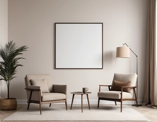 Modern Living Room Interior with Two Armchairs and Blank Canvas