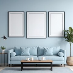 Modern Blue Living Room Interior with Blank Frames