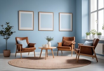 Modern Living Room Interior with Leather Armchairs and Blue Walls