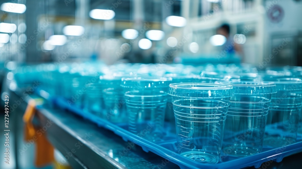 Poster a large tray filled with clear plastic cups is placed on a surface within a factory. workers are see
