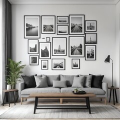Modern Living Room Interior with Gallery Wall of Black and White Travel Photographs