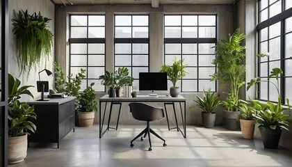 Modern Home Office with Greenery and Large Windows