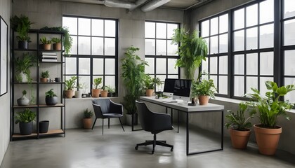 Modern Home Office with Greenery and Concrete Desk