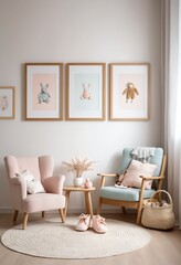 Pastel Nursery Interior with Wooden Armchairs and Framed Toy Prints