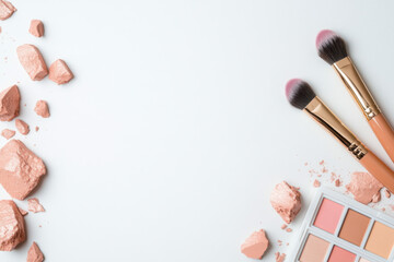 Makeup brushes and palette with crushed blush on white background