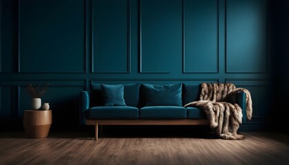 Teal Velvet Sofa in Luxurious Dark Green Room Interior