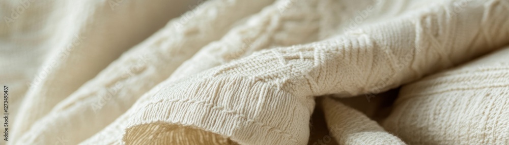 Poster cream colored knitted blanket with textured patterns shown in detail