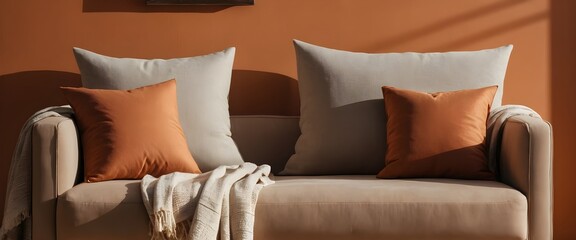 Beige Sofa with Burnt Orange and Grey Pillows in a Modern Living Room