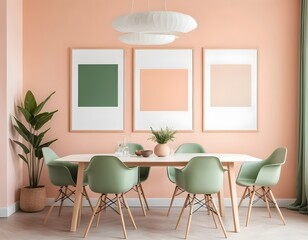 Modern Dining Room Interior Design with Sage Green Chairs and Peach Walls