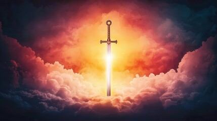 Fototapeta premium Ace of Swords tarot card, a shining sword emerging from the clouds, representing clarity, truth, and mental breakthroughs, clean and modern for tarot lovers