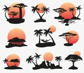 Waiting for summer. Sea and beach. Tropical set. Silhouettes of palm trees on the island.