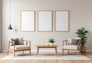 Modern Living Room Interior with Blank Frames and Comfortable Armchairs