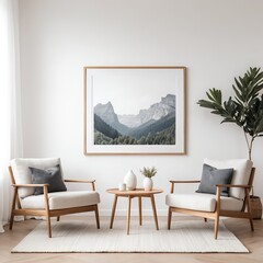 Scandinavian Living Room with Mountain View Artwork