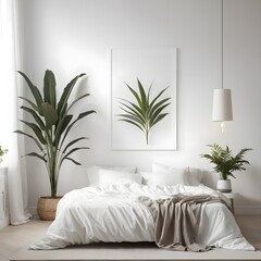 Minimalist Bedroom Interior with White Bed and Greenery