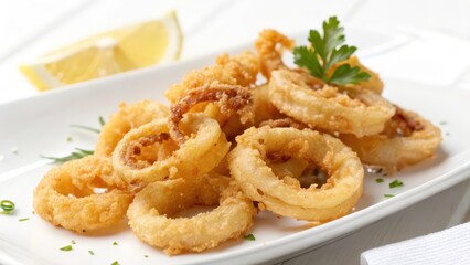Fried Calamari Rings on White Plate