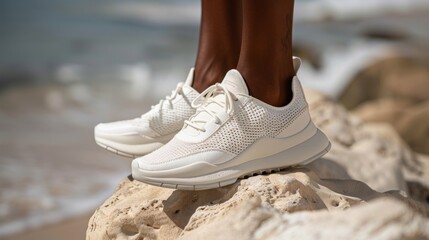 Naklejka premium A pair of white sneakers rests on a rock at the beach, with the ocean waves gently crashing nearby. The sun illuminates the footwear, showcasing its modern design.