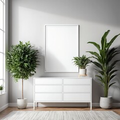Modern Minimalist Interior Design with Plants and Blank Frame