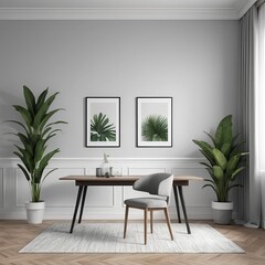 Minimalist Home Office Interior Design with Plants and Wooden Desk