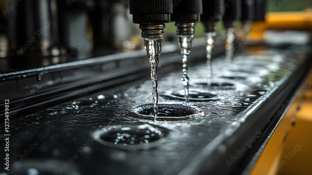 Poster Water flows from nozzles into circular containers in a machinery setup