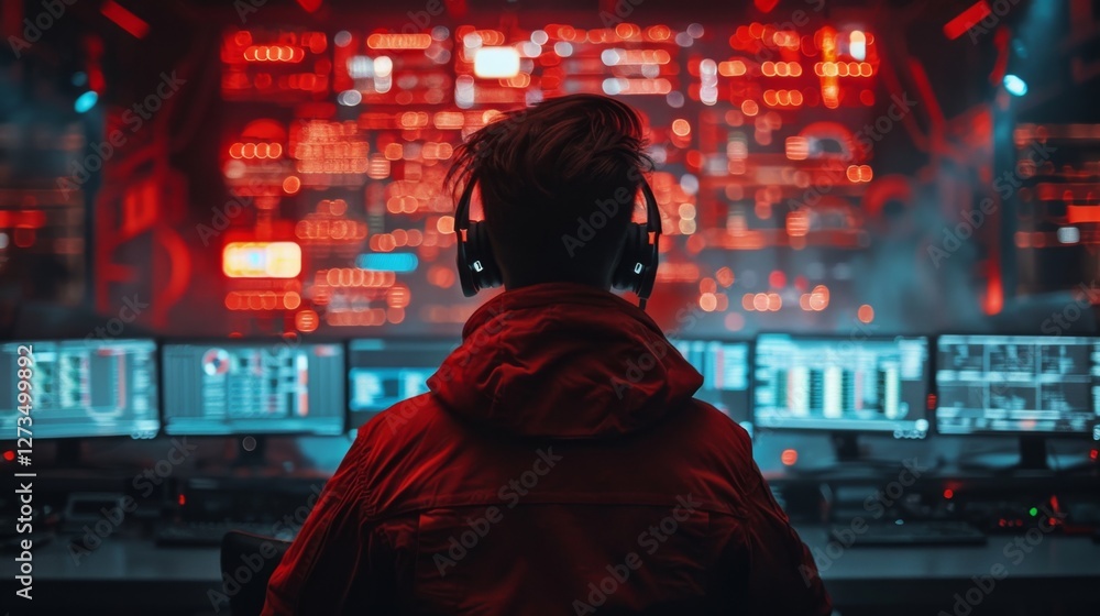 Poster engaged individual analyzes data on multiple screens in a futuristic cyber environment filled with g