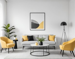 Modern Living Room Interior with Yellow Armchairs and Grey Sofa