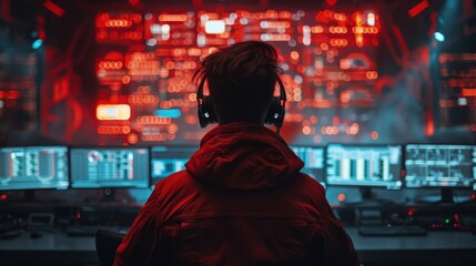 Engaged individual analyzes data on multiple screens in a futuristic cyber environment filled with glowing visuals