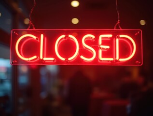 Red neon closed sign glowing in a shop window at night